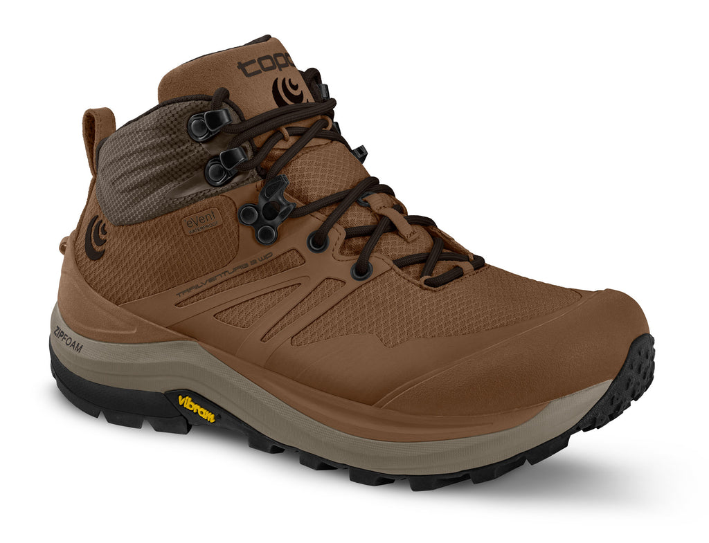 Men's Topo Trailventure 2 WP. Brown upper. Tan midsole. Lateral view.