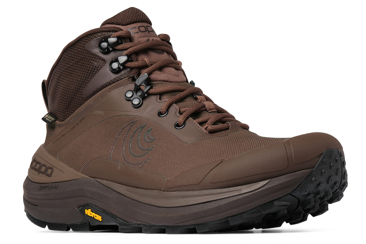 Men's Topo Trailventure 3 GTX. Brown upper. Black midsole. Lateral view.