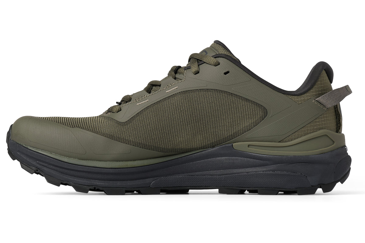Men's Topo Traverse 2. Dark Green upper. Black midsole. Medial view.