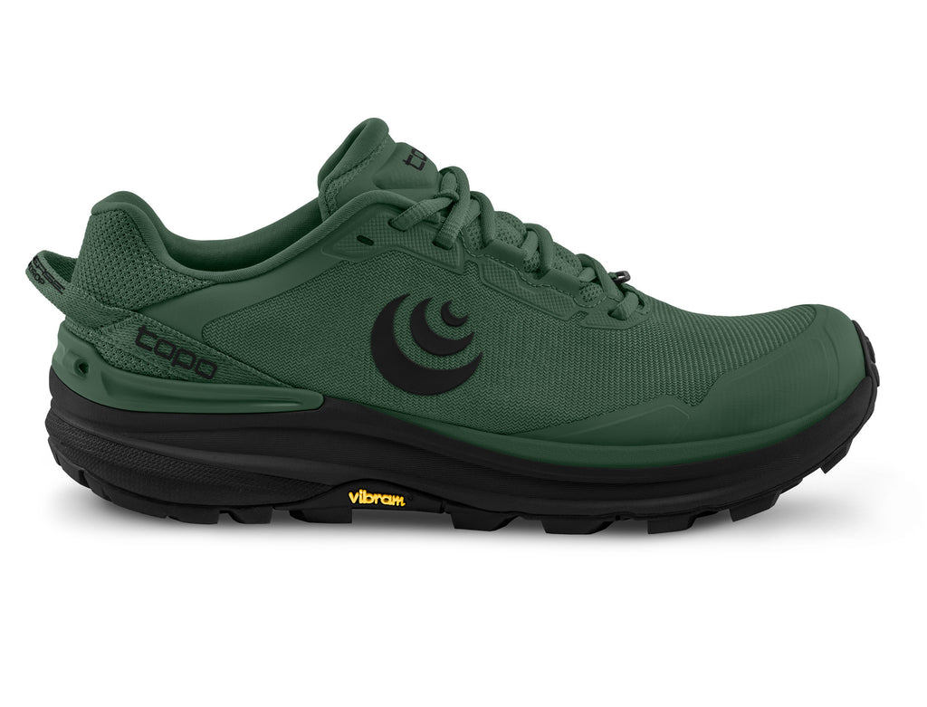 Men's Topo Traverse. Dark Green upper. Dark Grey midsole. Lateral view.
