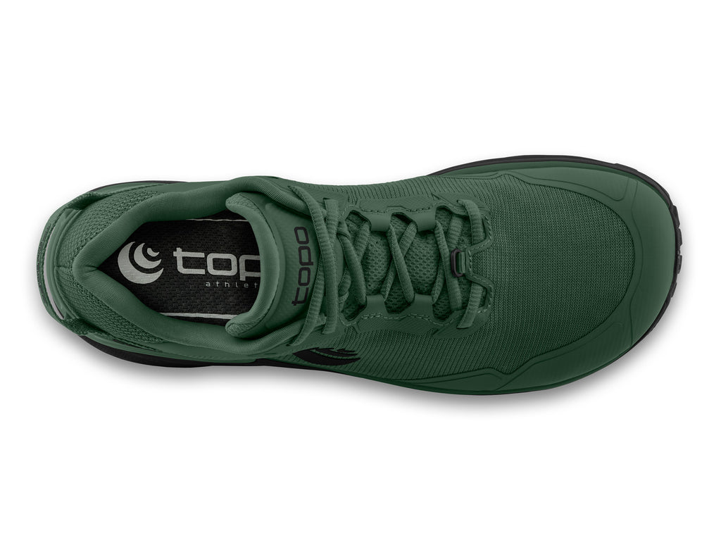 Men's Topo Traverse. Dark Green upper. Dark Grey midsole. Top view.