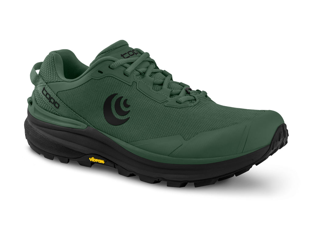 Men's Topo Traverse. Dark Green upper. Dark Grey midsole. Lateral view.