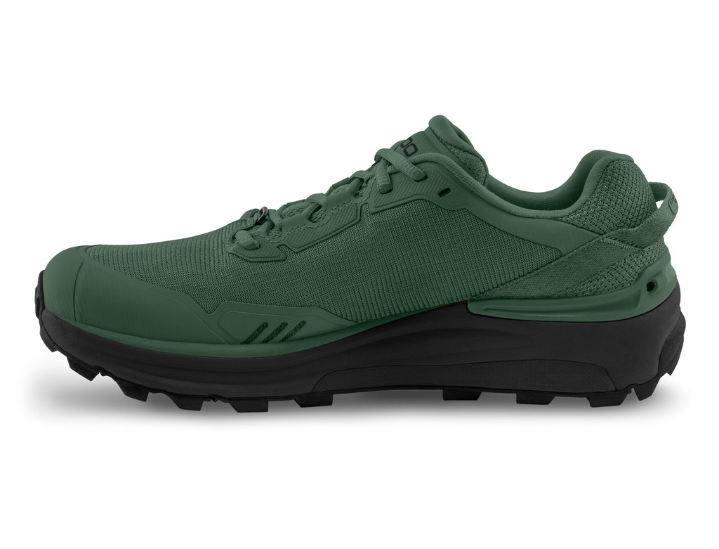Men's Topo Traverse. Dark Green upper. Dark Grey midsole. Medial view.