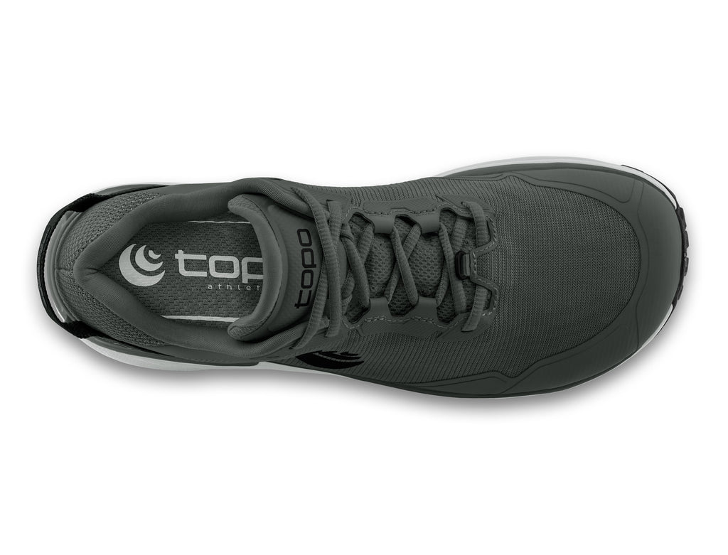 Men's Topo Traverse. Dark Grey upper. Light Grey midsole. Top view.