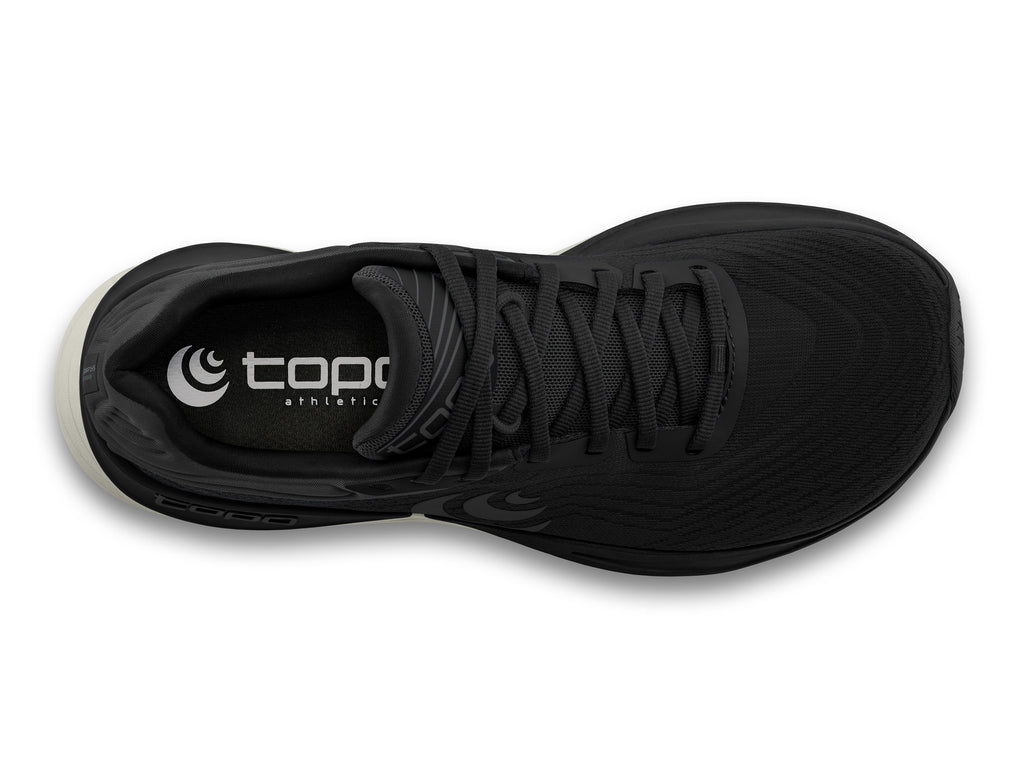 Men's Topo Ultrafly 5. Black upper. Grey midsole. Top view.