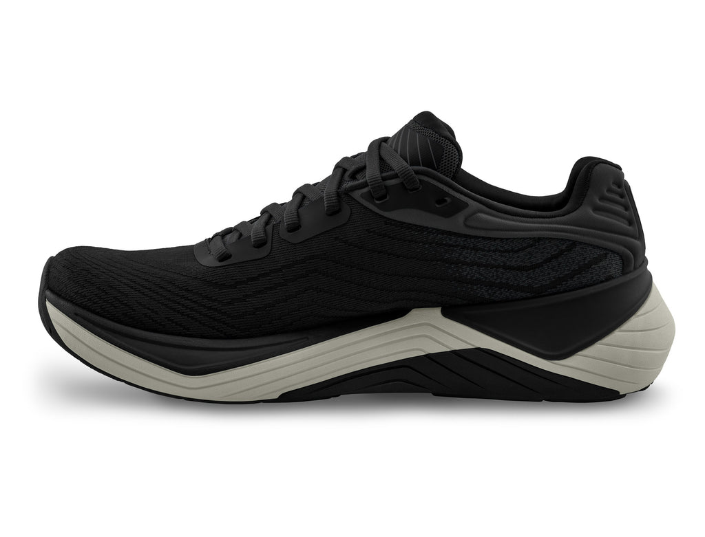 Men's Topo Ultrafly 5. Black upper. Grey midsole. Medial view.