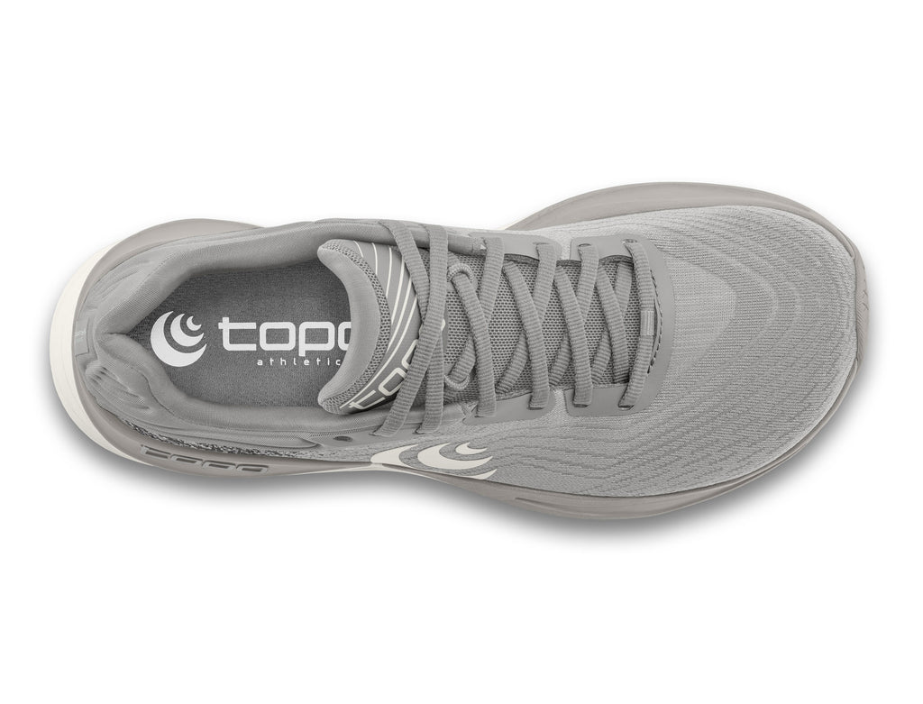Men's Topo Ultrafly 5. Grey upper. Light Grey midsole. Top view.