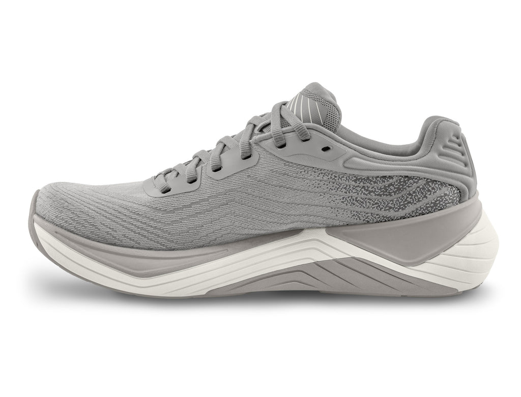 Men's Topo Ultrafly 5. Grey upper. Light Grey midsole. Medial view.