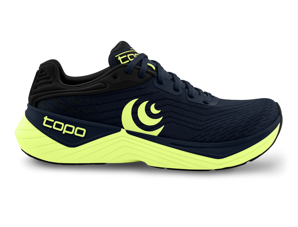 Men's Topo Ultrafly 5. Navy upper. Light Green midsole. Lateral view.