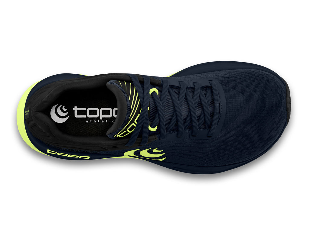 Men's Topo Ultrafly 5. Navy upper. Light Green midsole. Top view.