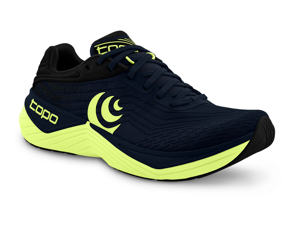 Men's Topo Ultrafly 5. Navy upper. Light Green midsole. Lateral view.
