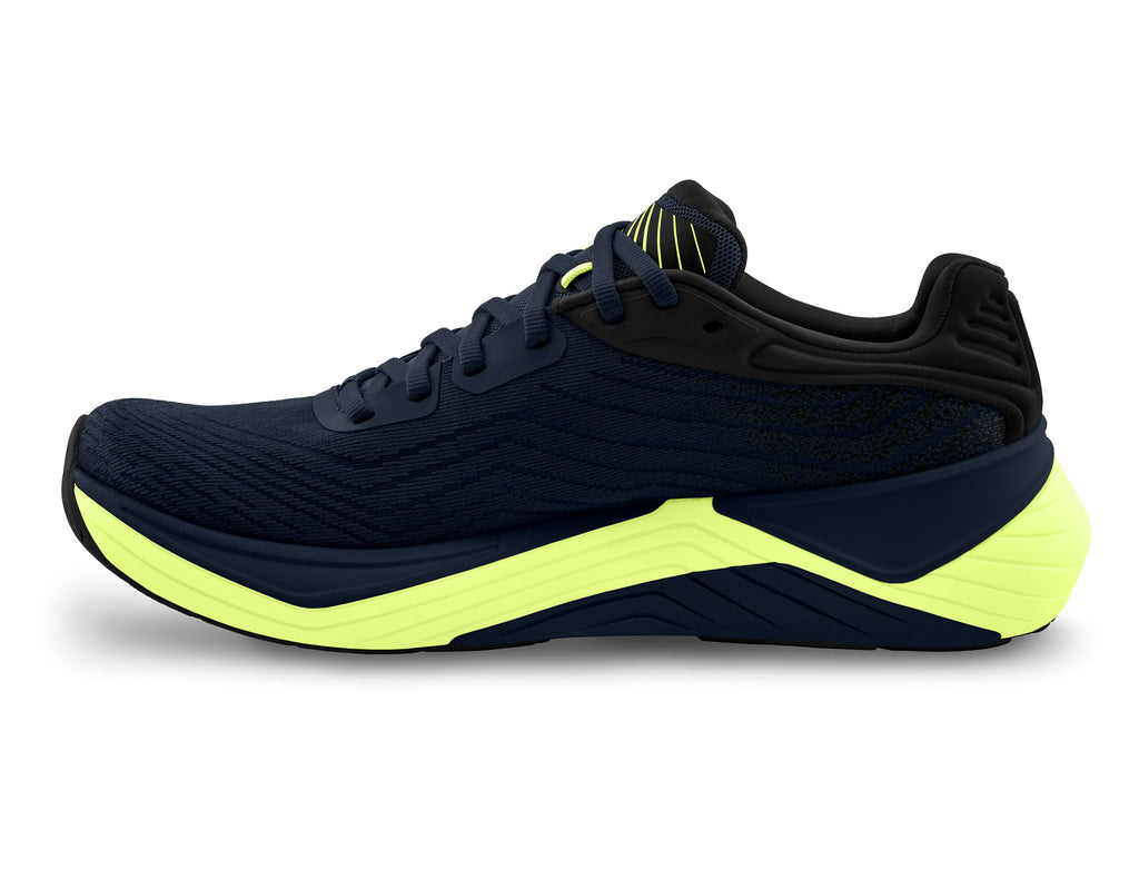 Men's Topo Ultrafly 5. Navy upper. Light Green midsole. Medial view.