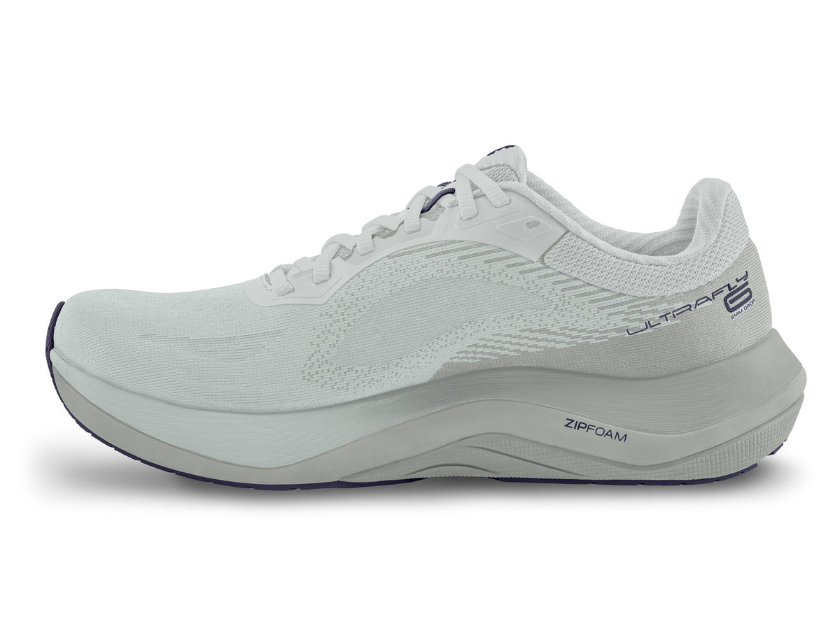 Men's Topo Ultrafly 6. Grey upper. Grey midsole. Medial view.