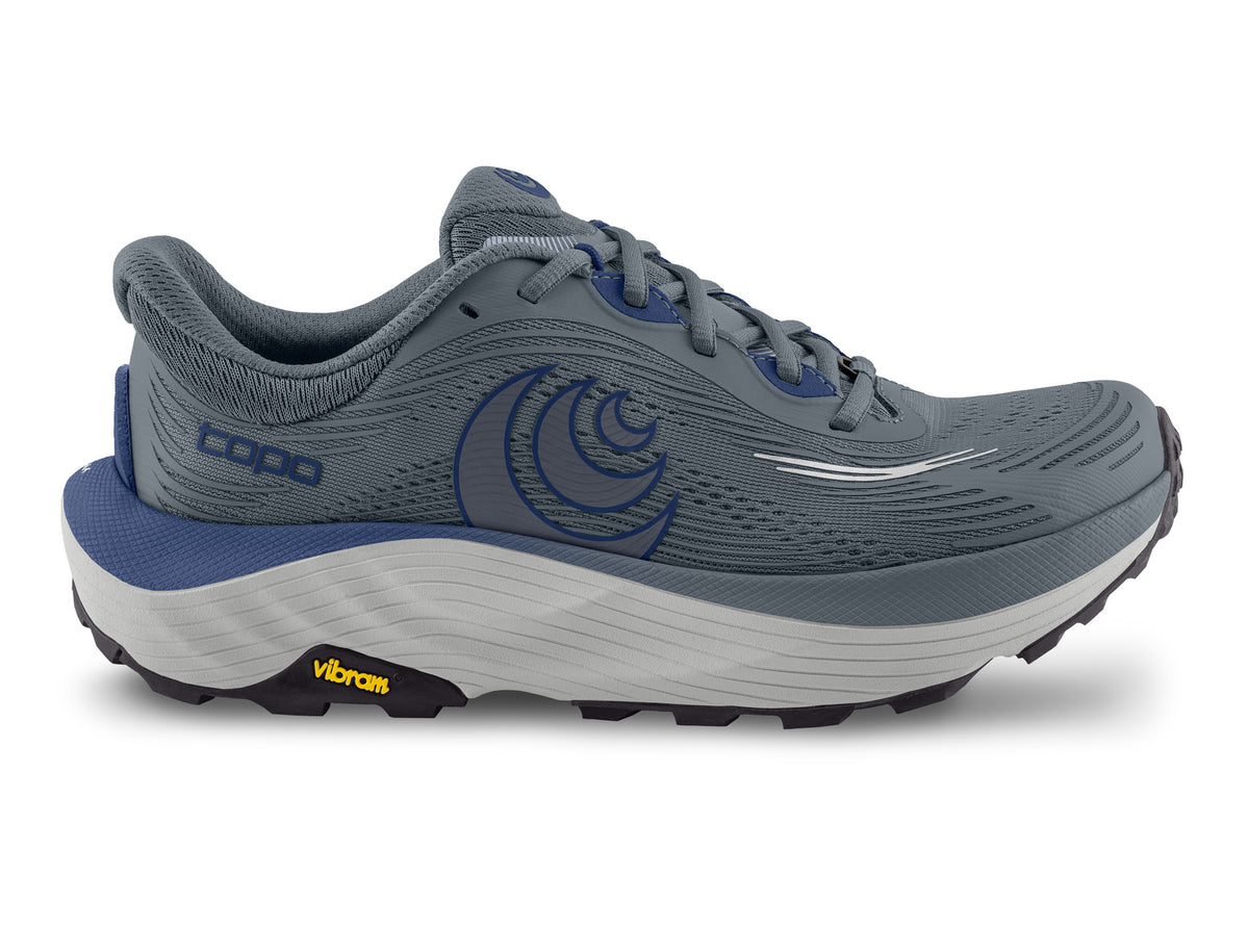 Men's Topo Ultraventure 5. Grey upper. Light Grey midsole. Lateral view.