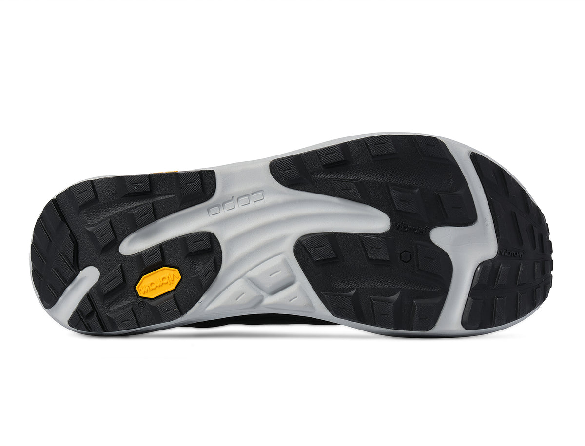 Men's Topo Ultraventure 5. Grey upper. Light Grey midsole. Bottom view.