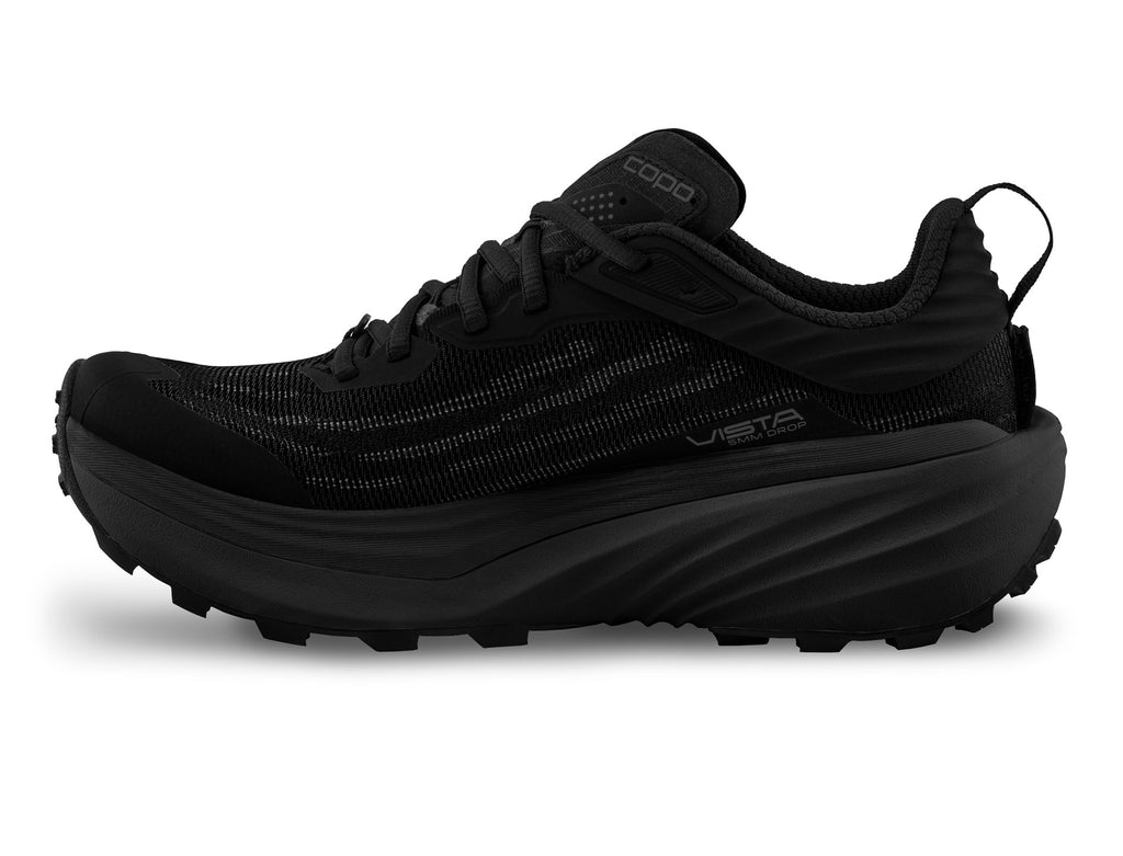 Men's Topo Vista. Black upper. Black midsole. Medial view.