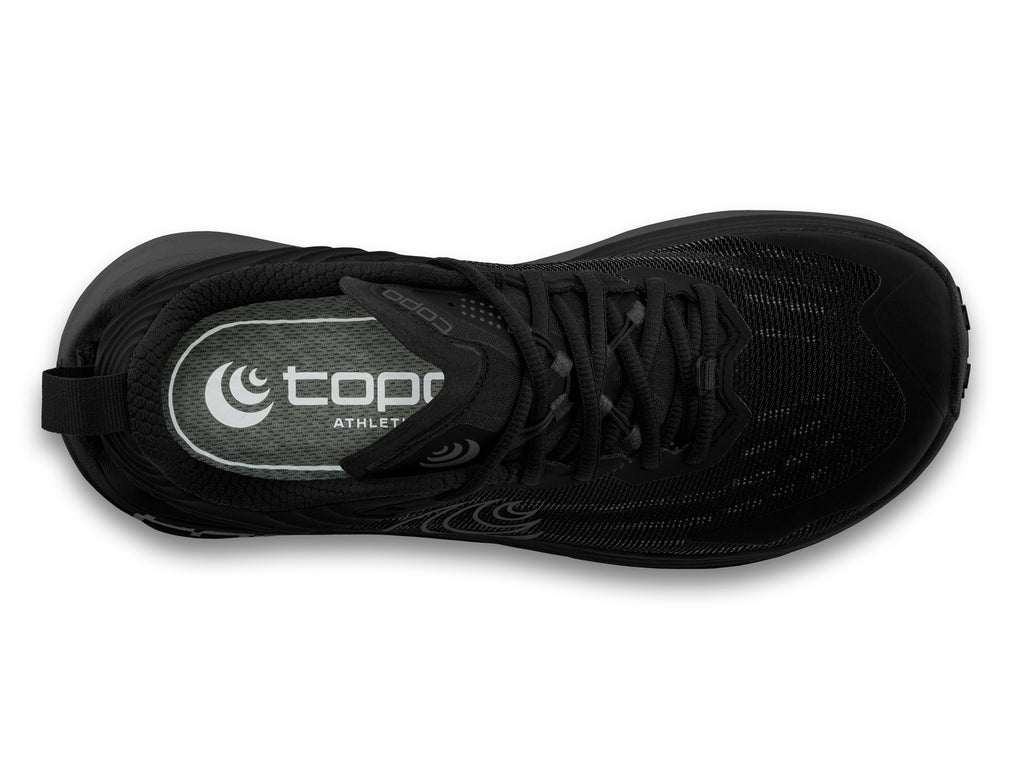 Men's Topo Vista. Black upper. Black midsole. Top view.