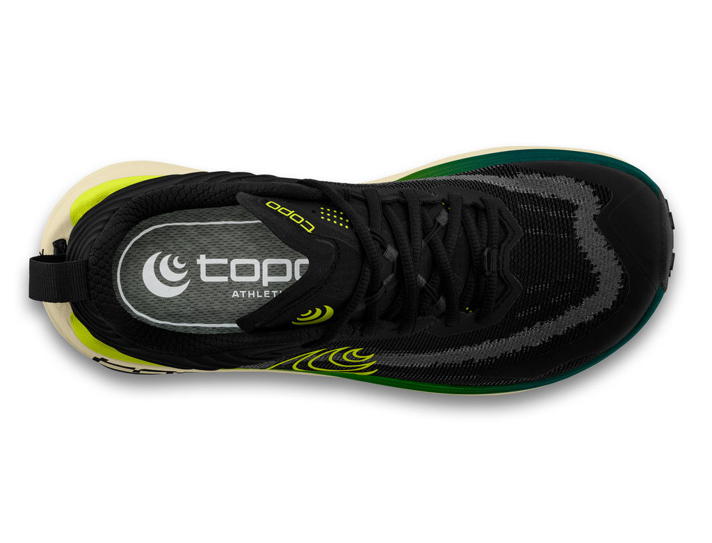 Men's Topo Vista. Black upper. Tan midsole. Top view.