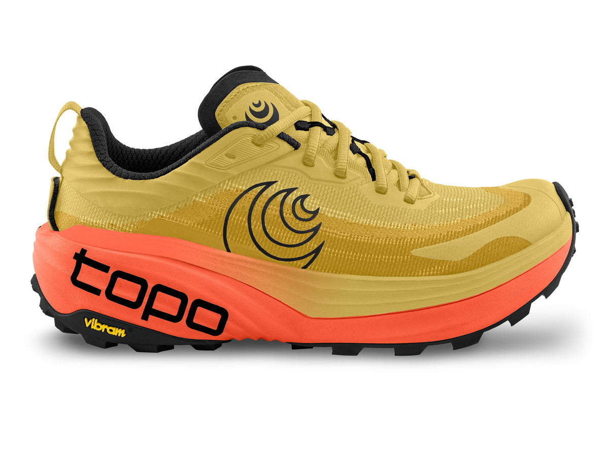 Men's Topo Vista. Yellow upper. Orange midsole. Lateral view.