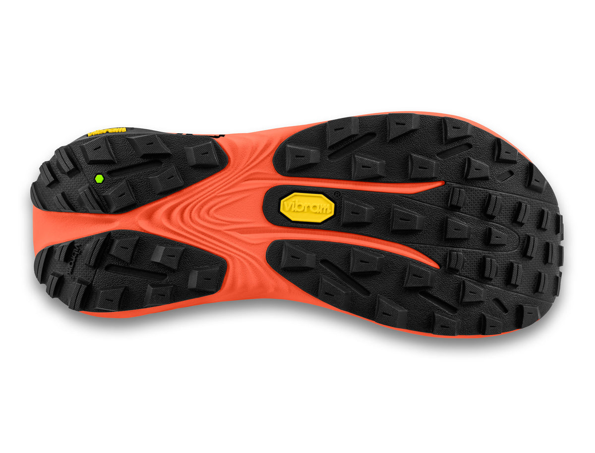 Men's Topo Vista. Yellow upper. Orange midsole. Bottom view.