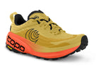 Men's Topo Vista. Yellow upper. Orange midsole. Lateral view.