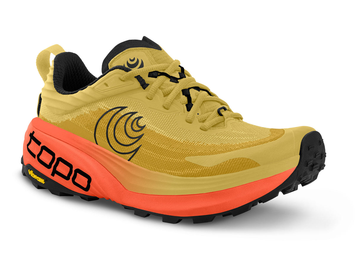Men's Topo Vista. Yellow upper. Orange midsole. Lateral view.