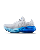 Men's TYR Maverick v1. Light Grey upper. Blue midsole. Lateral view.