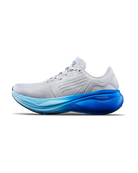 Men's TYR Maverick v1. Light Grey upper. Blue midsole. Lateral view.