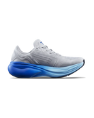 Men's TYR Maverick v1. Light Grey upper. Blue midsole. Medial view.