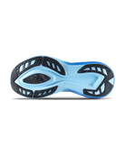 Men's TYR Maverick v1. Light Grey upper. Blue midsole. Bottom view.
