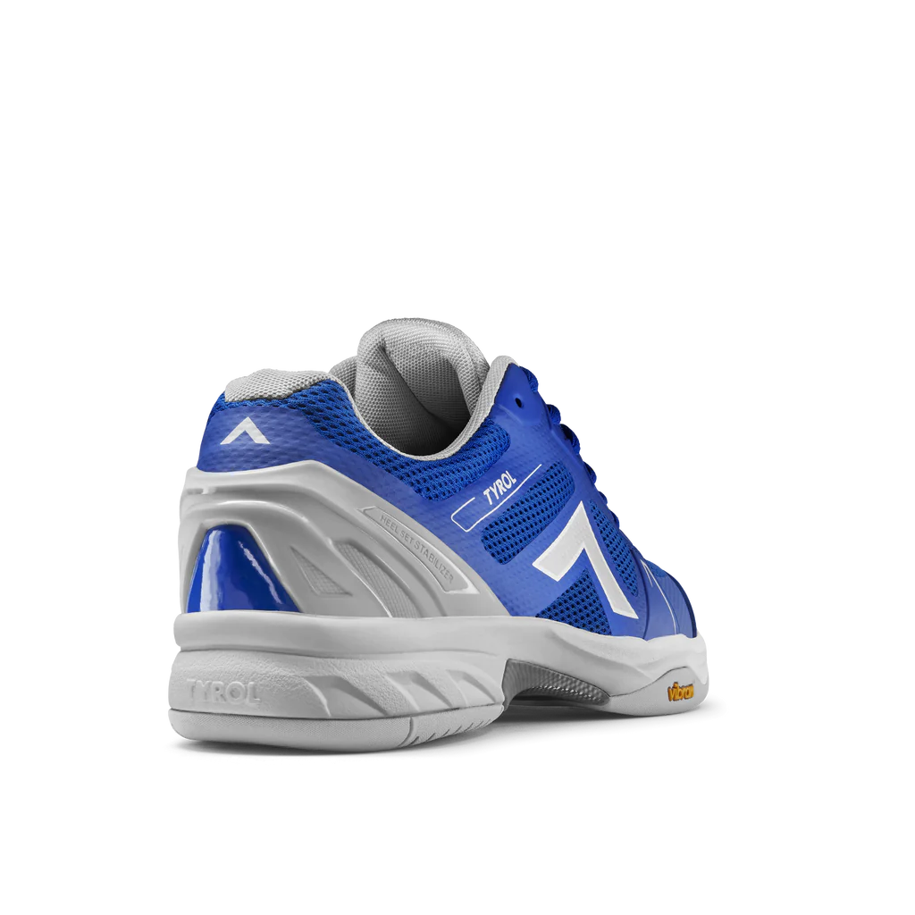 Men's Tyrol Drive V. Blue upper. Grey midsole. Rear/Lateral view.