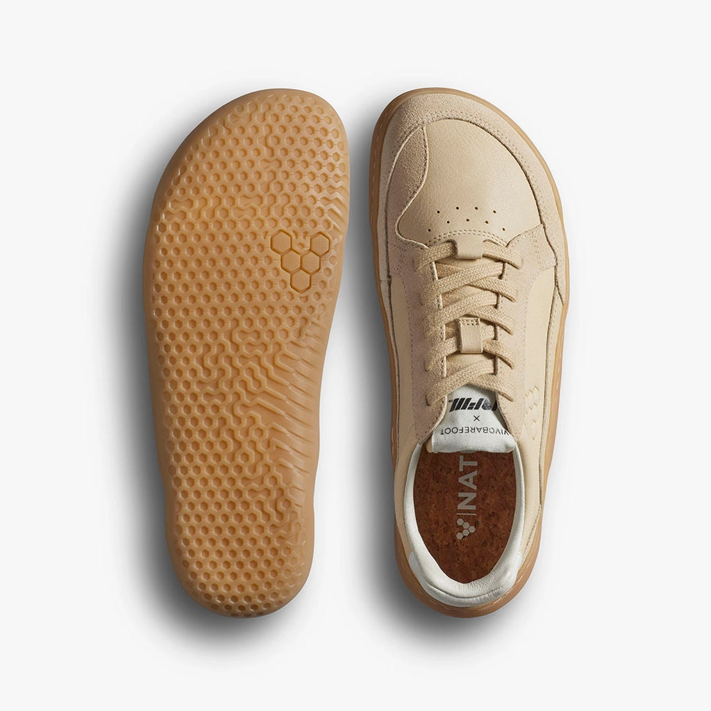 Men's Vivobarefoot Gobi II Premium Leather. Tan upper. Tan midsole. Top and bottom view.