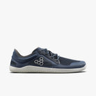 Men's Viviobarefoot Primus Lite 3.5. Navy blue upper. White midsole. Lateral view.