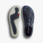 Men's Viviobarefoot Primus Lite 3.5. Navy blue upper. White midsole. Top and bottom view.