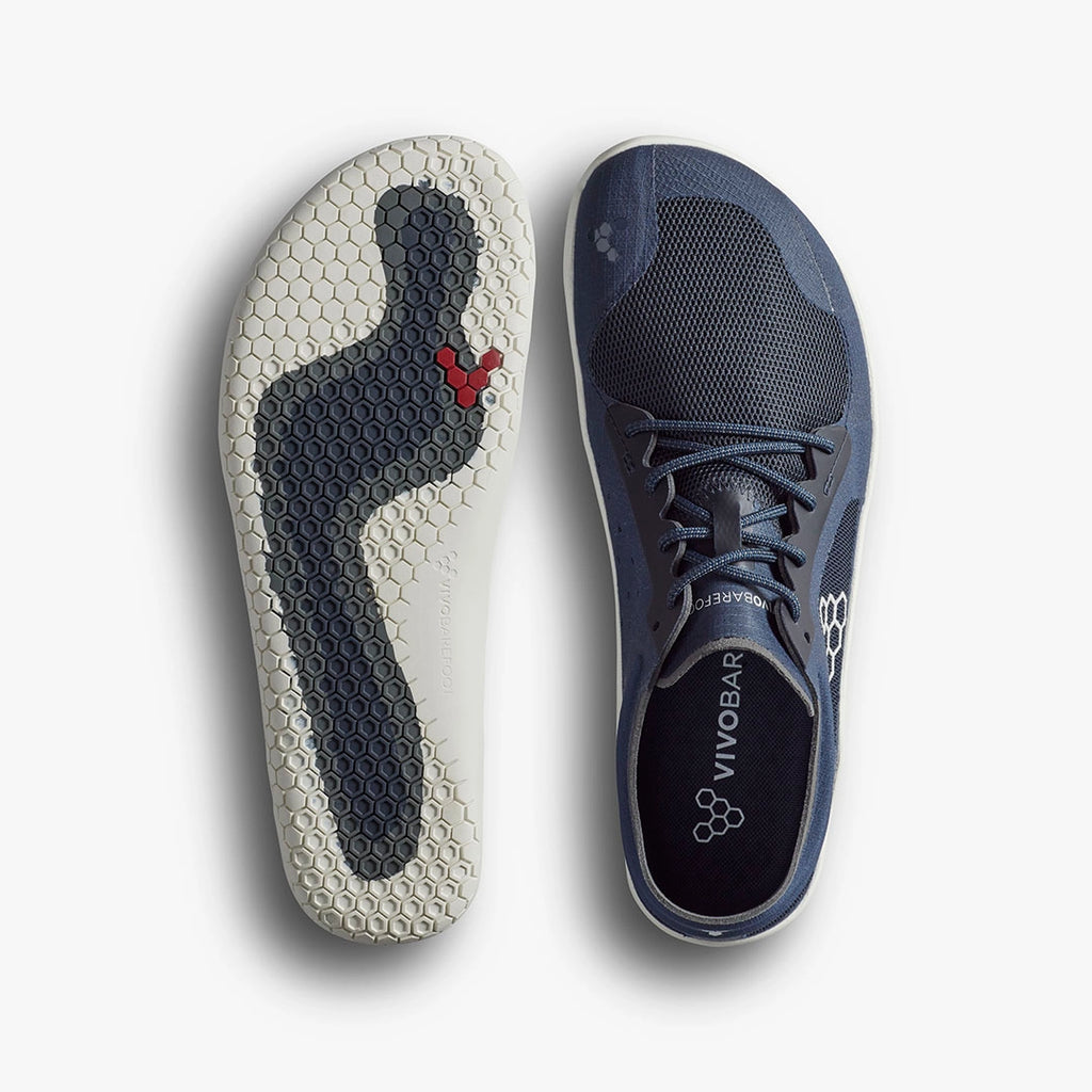 Men's Viviobarefoot Primus Lite 3.5. Navy blue upper. White midsole. Top and bottom view.