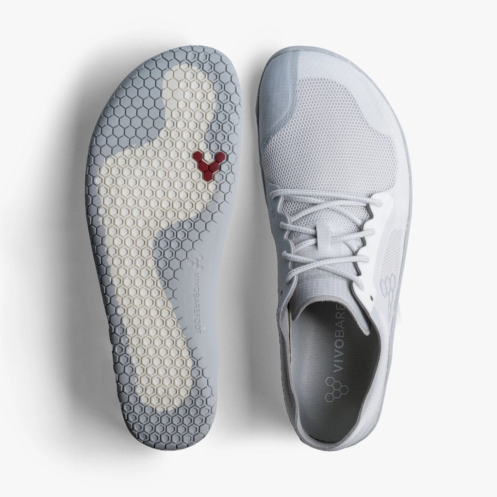Men's Vivobarefoot Primus Lite 3.5. Light Grey upper. Grey outsole. Top/Bottom view.