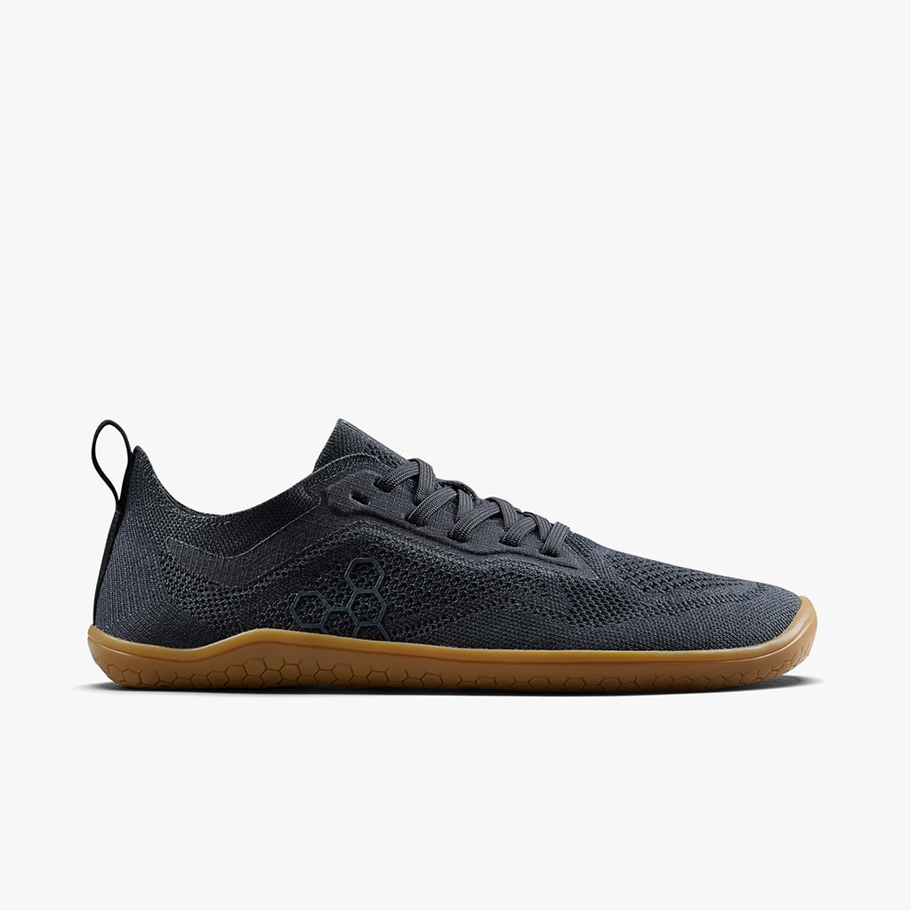 Men's Vivobarefoot Primus Lite Knit Natural. Dark grey upper. Tan midsole. Lateral view. 