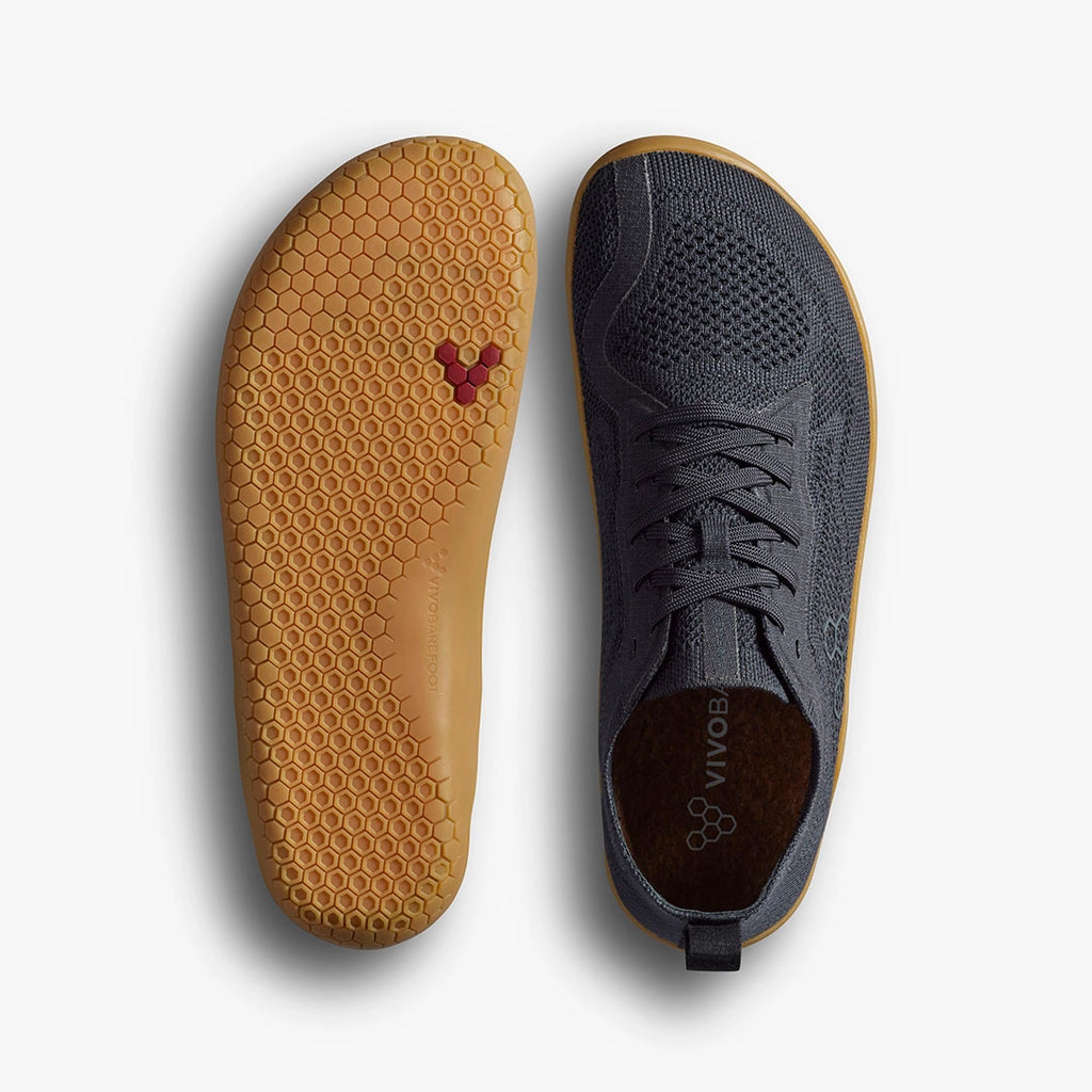 Men's Vivobarefoot Primus Lite Knit Natural. Dark grey upper. Tan midsole. Top and bottom view.