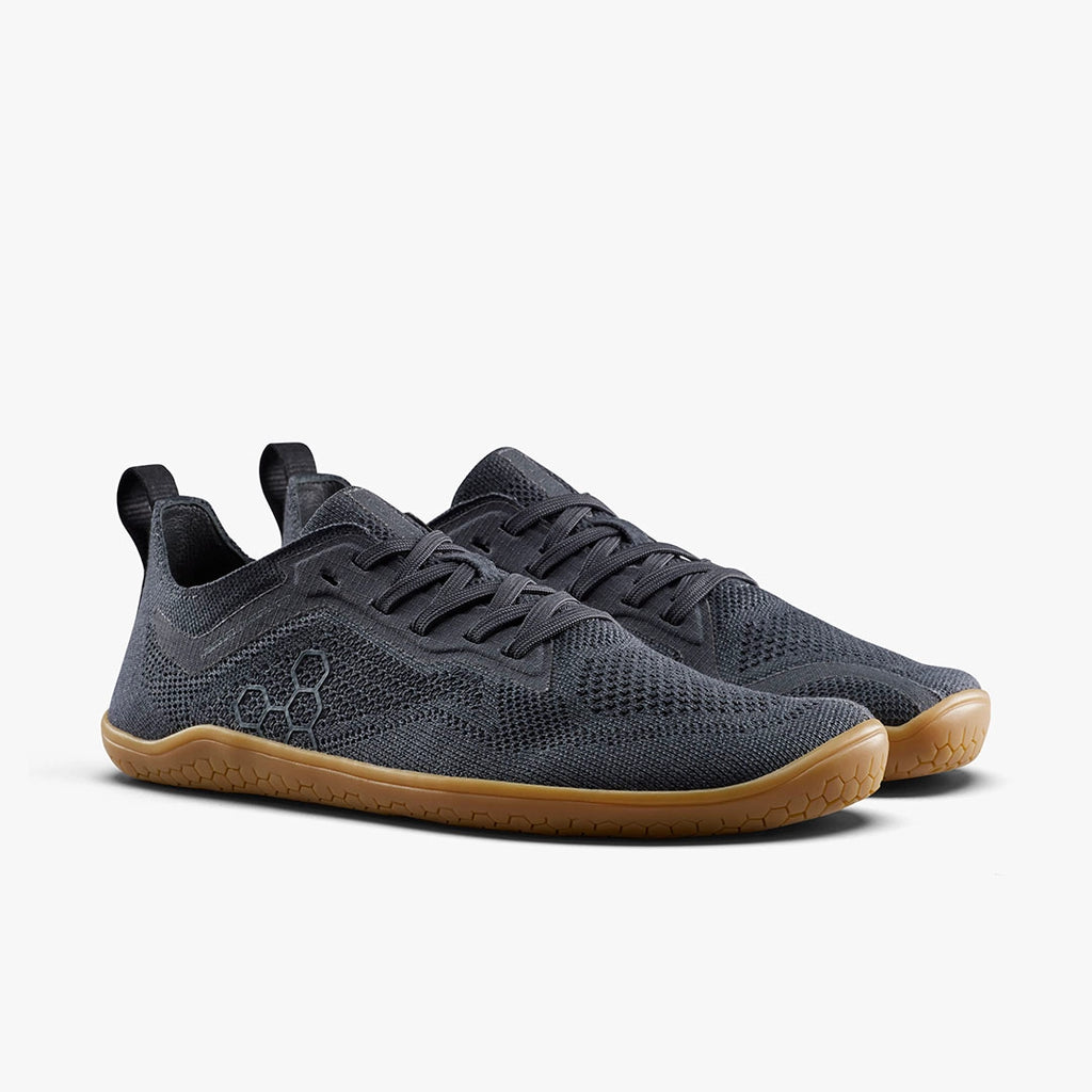 Men's Vivobarefoot Primus Lite Knit Natural. Dark grey upper. Tan midsole. Lateral view. 