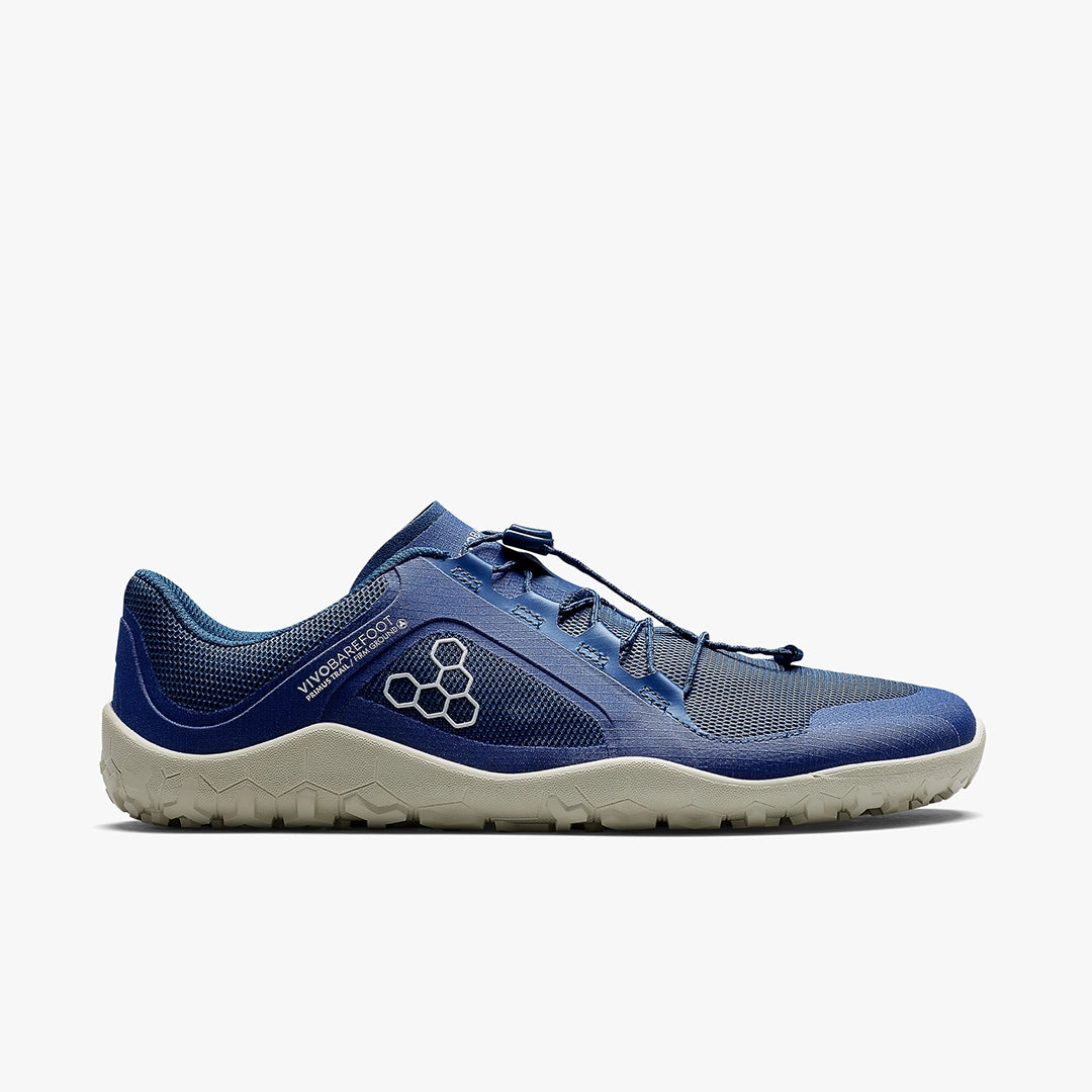 Men's Vivobarefoot Primus Trail FG 3.5. Blue upper. White midsole. Lateral view.