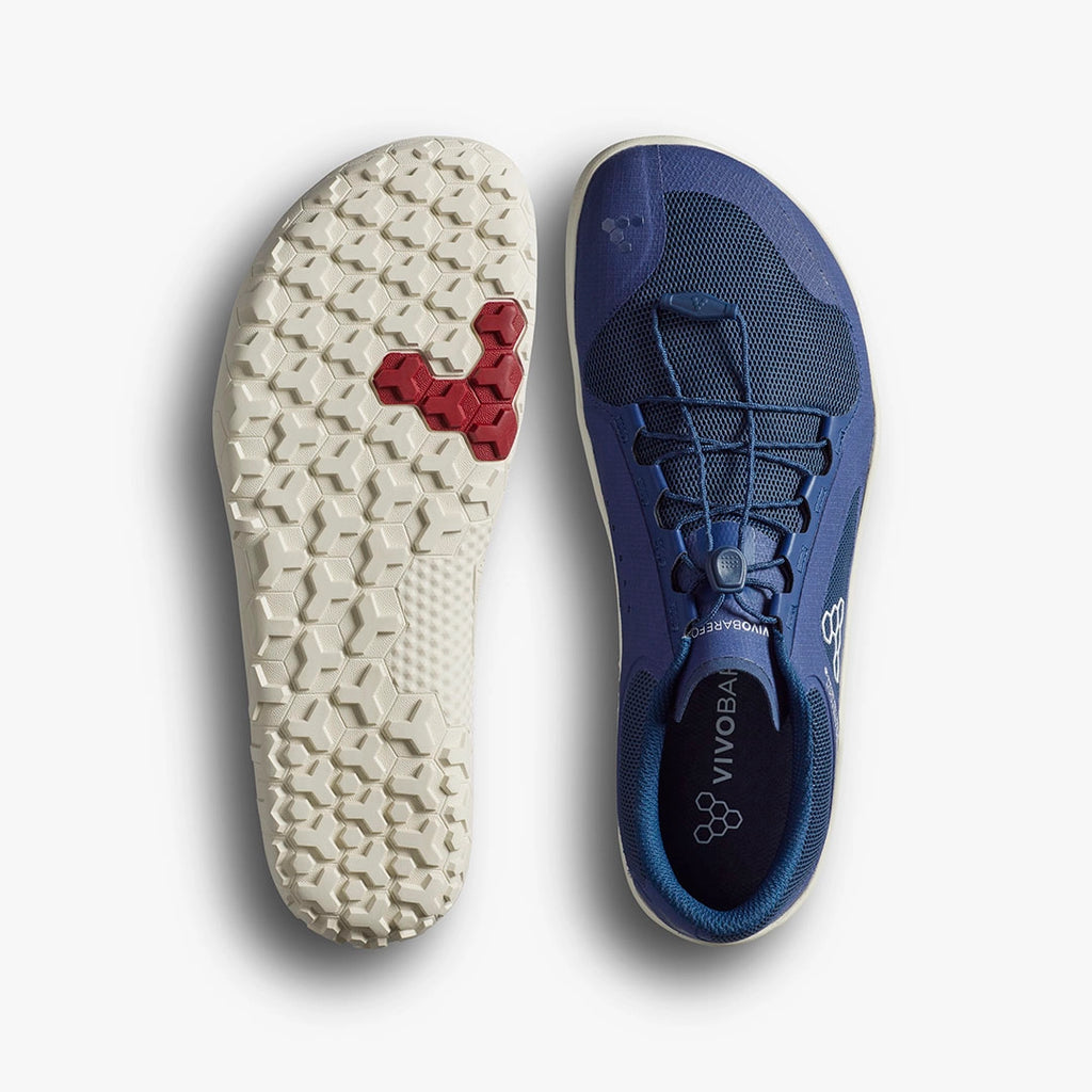 Men's Vivobarefoot Primus Trail FG 3.5. Blue upper. White midsole. Top and bottom view.