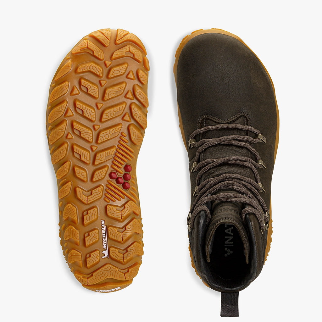 Men's Vivobarefoot Tracker Forest ESC. Brown upper. Light Brown outsole. Top/Bottom view.