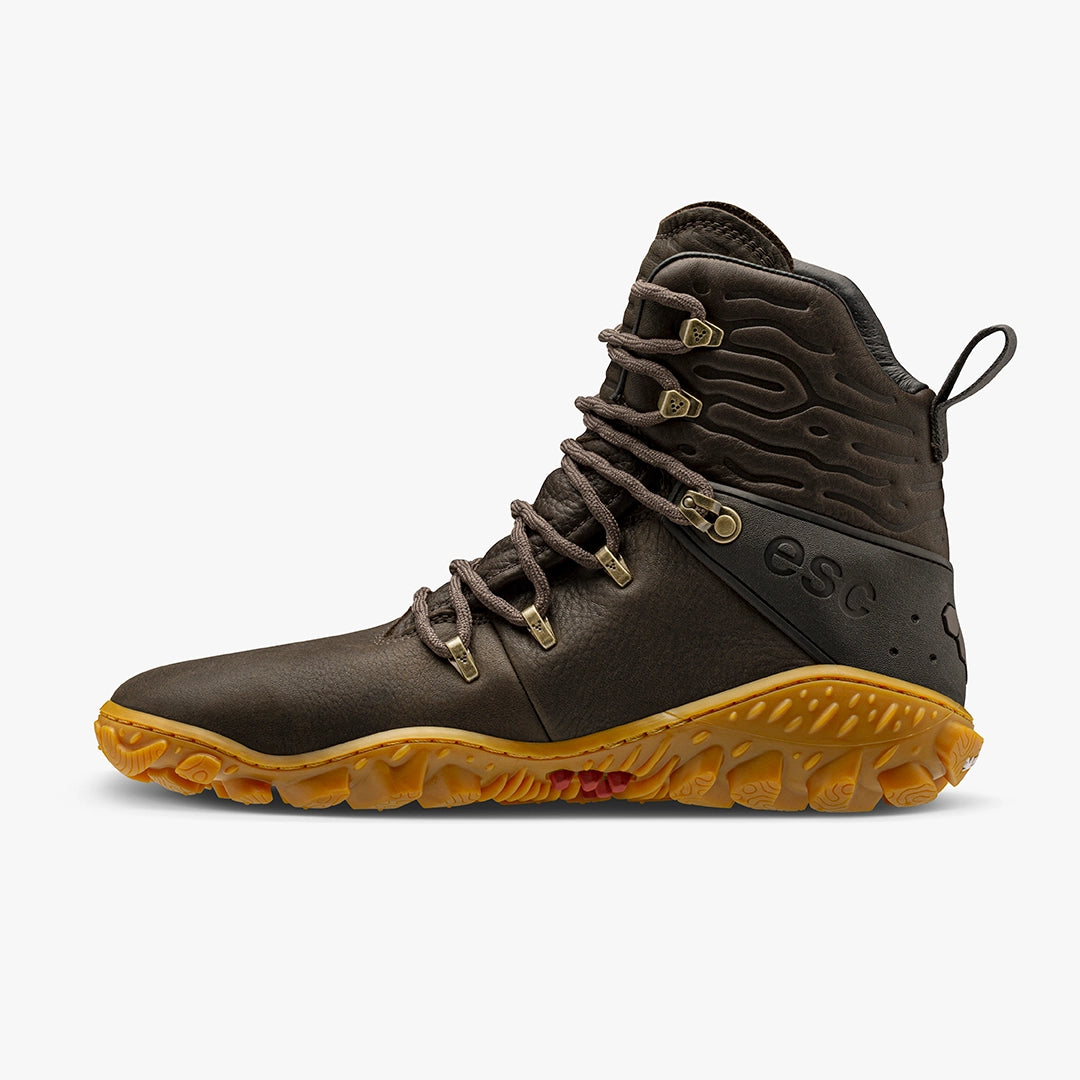 Men's Vivobarefoot Tracker Forest ESC. Brown upper. Light Brown outsole. Medial view.
