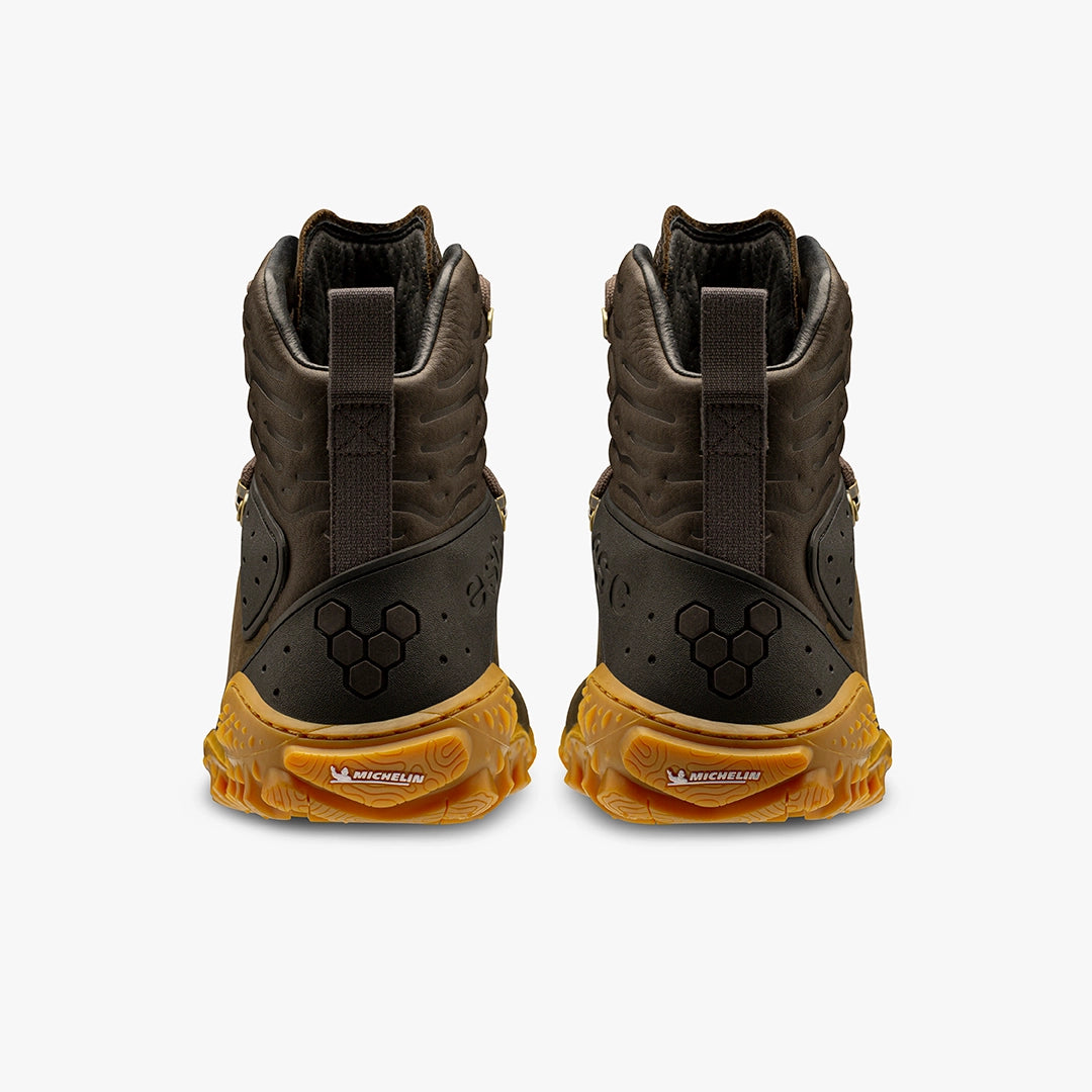 Men's Vivobarefoot Tracker Forest ESC. Brown upper. Light Brown outsole. Rear view.