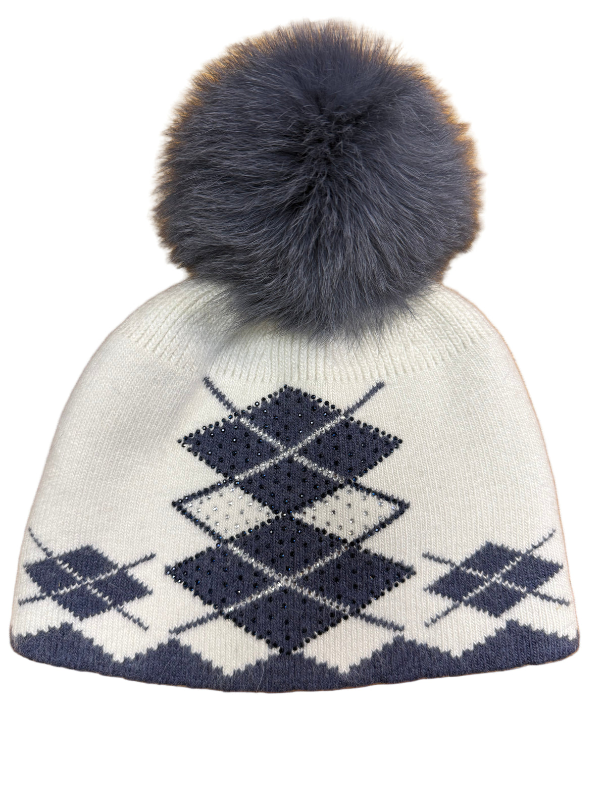 grey and white argyle hat with grey pom