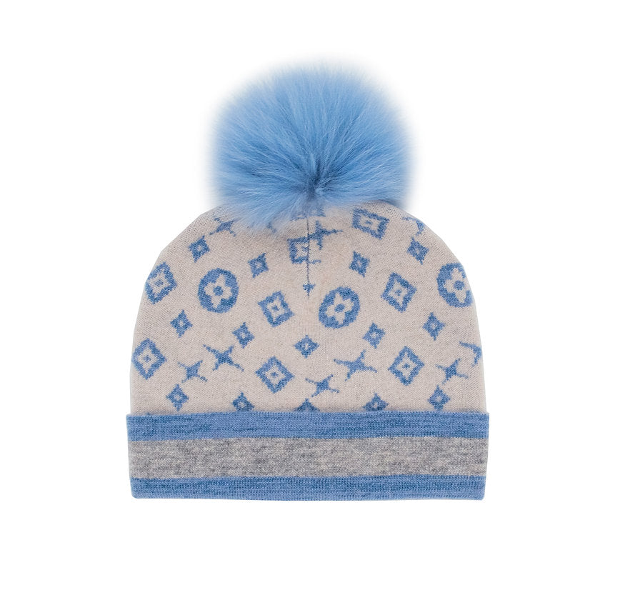 Mitchie's Matchings Beanie with Monogram Pattern and Fox Fur Pom Women's