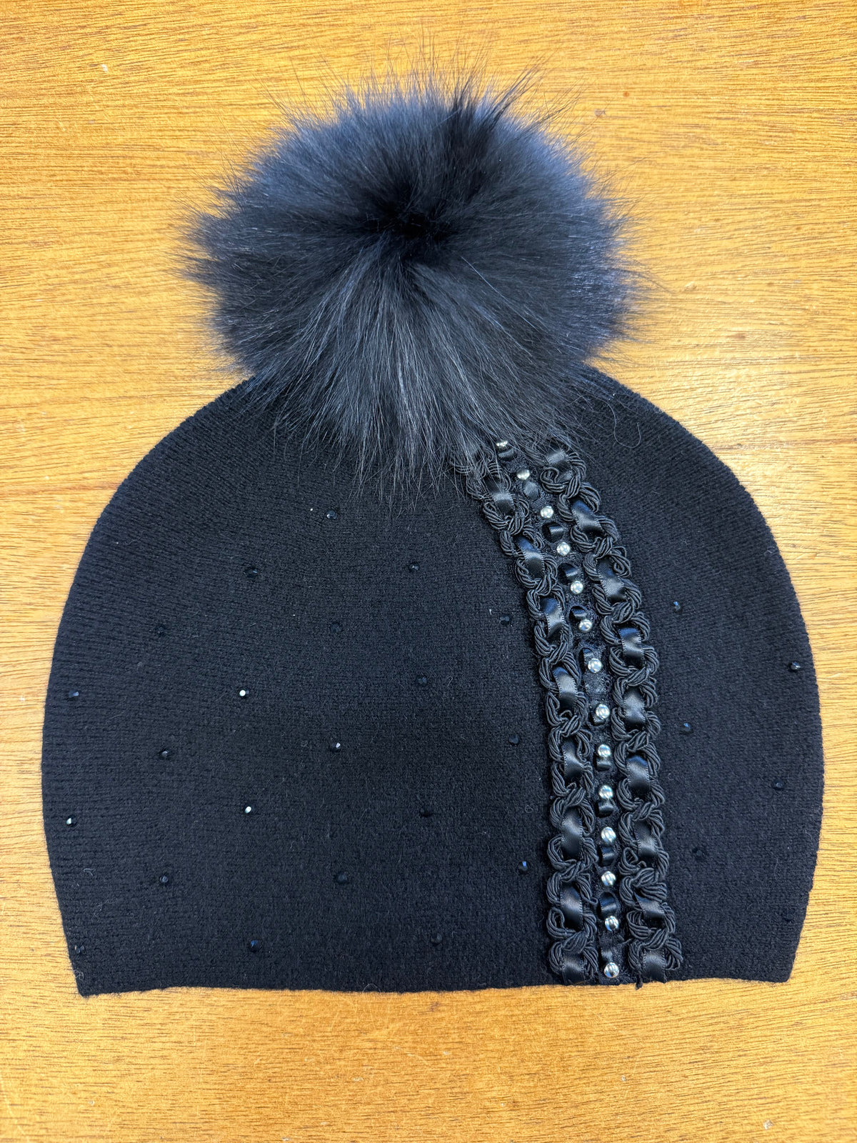 Mitchie's Matchings Braid Detail Wool Hat with Crystals and Fox Fur Pom, detail view