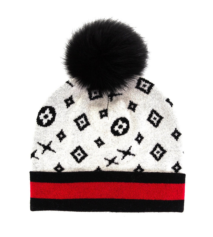 Mitchie's Matchings Monogram Pattern Beanie with Fox Fur Pom