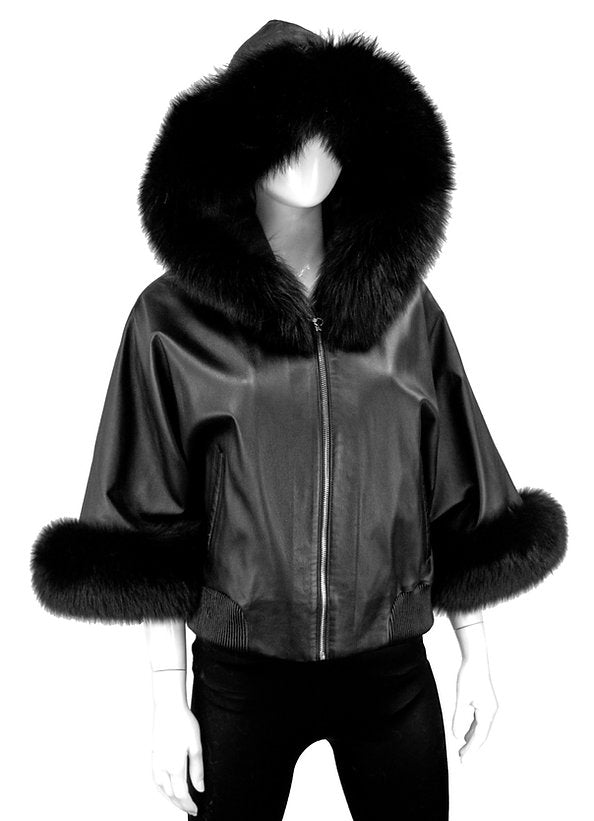 Mitchie's Matchings Short Black Fox Trimmed Jacket with Hood Women's
