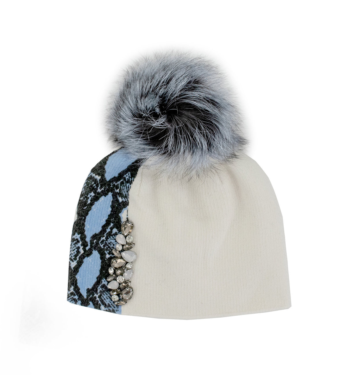 Mitchie's Matchings Snake Print Knit Hat with Crystals and Fox Fur Pom